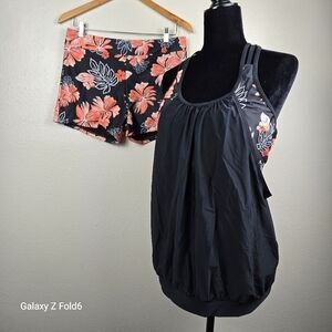 Hollipick Plus-Size Blouson Tankini Swim Set 14W – Black Floral Shorts + Flowing